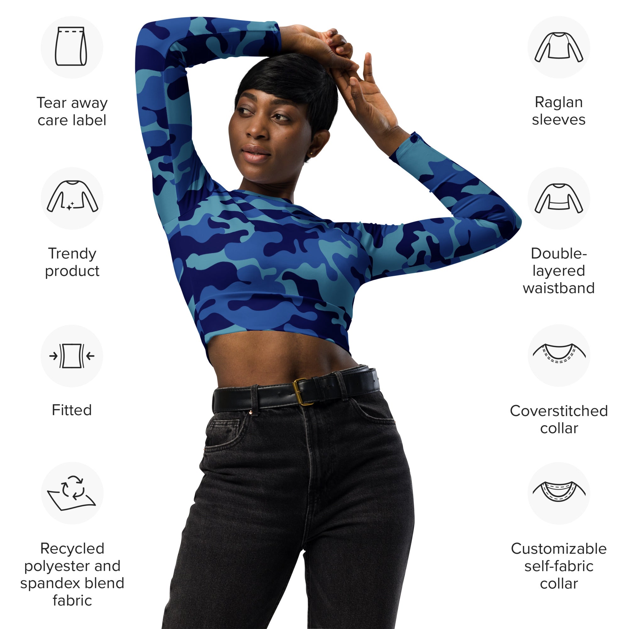 SHE REBEL - Fierce Blue Camo Recycled Crop Top UPF 50+